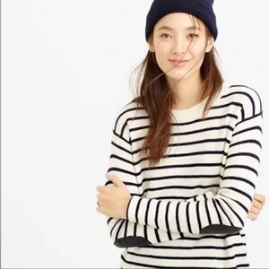 J Crew Sweater Beige Black Striped Merino Wool Long Sleeve Elbow Patch size S